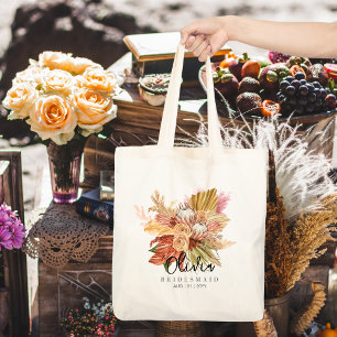 Personalised Bridesmaid Tote   Boho Pampas Grass Bag