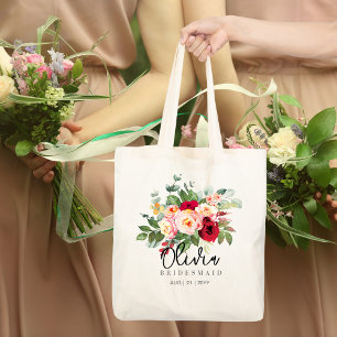 Personalised Bridesmaid Tote Red Roses Pink Bag
