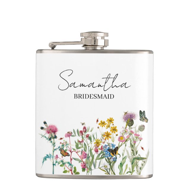 Personalised Bridesmaid Wildflowers Wedding Hip Flask (Front)