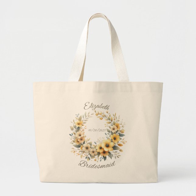 Personalised Bridesmaid Yellow Wreath Tote Bag (Front)