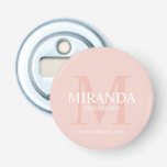 Personalised Bridesmaid's Monogram and Name Bottle Opener<br><div class="desc">Add a personal touch to your wedding with personalised bridesmaid's monogram and name gift. This design features personalised bridesmaid's name with title and wedding date in white and monogram in blush pink as background, in classic serif font style, on blush pink background. Also perfect for maid of honour, mother of...</div>
