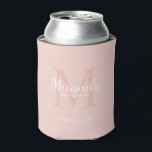 Personalised Bridesmaid's Monogram and Name Can Cooler<br><div class="desc">Personalised Bridesmaids Gifts features personalised bridesmaid's name in white classic script font style and monogram in blush pink classic serif font style as background with title and wedding date in white classic serif font style on blush pink background. Also perfect for maid of honour, flower girl, mother of the bride...</div>