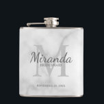 Personalised Bridesmaid's Monogram and Name Hip Flask<br><div class="desc">Personalised Bridesmaids Gifts features personalised bridesmaid's name in grey classic script font style and monogram in light grey classic serif font style as background with title and wedding date in grey classic serif font style on white marble background. Also perfect for maid of honour, flower girl, mother of the bride...</div>