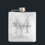Personalised Bridesmaid's Monogram and Name Hip Flask<br><div class="desc">Personalised Bridesmaids Gifts features personalised bridesmaid's name in grey classic script font style and monogram in light grey classic serif font style as background with title and wedding date in grey classic serif font style on white marble background. Also perfect for maid of honour, flower girl, mother of the bride...</div>