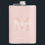 Personalised Bridesmaid's Monogram and Name Hip Flask<br><div class="desc">Personalised Bridesmaids Gifts features personalised bridesmaid's name in white classic script font style and monogram in blush pink classic serif font style as background with title and wedding date in white classic serif font style on blush pink background. Also perfect for maid of honour, flower girl, mother of the bride...</div>