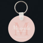 Personalised Bridesmaid's Monogram and Name Key Ring<br><div class="desc">Personalised Bridesmaids Gifts features personalised bridesmaid's name in white classic script font style and monogram in blush pink classic serif font style as background with title and wedding date in white classic serif font style on blush pink background. Also perfect for maid of honour, flower girl, mother of the bride...</div>