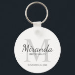 Personalised Bridesmaid's Monogram and Name Key Ring<br><div class="desc">Personalised Bridesmaids Gifts features personalised bridesmaid's name in grey classic script font style and monogram in light grey classic serif font style as background with title and wedding date in grey classic serif font style on white background. Also perfect for maid of honour, flower girl, mother of the bride and...</div>