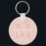 Personalised Bridesmaid's Monogram and Name Key Ring<br><div class="desc">Add a personal touch to your wedding with personalised bridesmaid's monogram and name gift. This design features personalised bridesmaid's name with title and wedding date in white and monogram in blush pink as background, in classic serif font style, on blush pink background. Also perfect for maid of honour, mother of...</div>