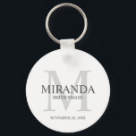 Personalised Bridesmaid's Monogram and Name Key Ring<br><div class="desc">Add a personal touch to your wedding with personalised bridesmaid's monogram and name gift. This design features personalised bridesmaid's name with title and wedding date in grey and monogram in light grey as background, in classic serif font style, on white background. Also perfect for maid of honour, mother of the...</div>