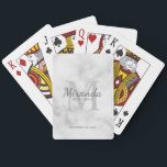 Personalised Bridesmaid's Monogram and Name Playing Cards<br><div class="desc">Personalised Bridesmaids Gifts features personalised bridesmaid's name in grey classic script font style and monogram in light grey classic serif font style as background with title and wedding date in grey classic serif font style on white marble background. Also perfect for maid of honour, flower girl, mother of the bride...</div>