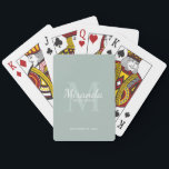 Personalised Bridesmaid's Monogram and Name Playing Cards<br><div class="desc">Personalised Bridesmaids Gifts features personalised bridesmaid's name in white classic script font style and monogram in sage green classic serif font style as background with title and wedding date in white classic serif font style on sage green background. Also perfect for maid of honour, flower girl, mother of the bride...</div>