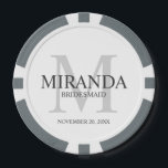 Personalised Bridesmaid's Monogram and Name Poker Chips<br><div class="desc">Add a personal touch to your wedding with personalised bridesmaid's monogram and name gift. This design features personalised bridesmaid's name with title and wedding date in grey and monogram in light grey as background, in classic serif font style, on white background. Also perfect for maid of honour, mother of the...</div>
