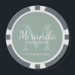 Personalised Bridesmaid's Monogram and Name Poker Chips<br><div class="desc">Personalised Bridesmaids Gifts features personalised bridesmaid's name in white classic script font style and monogram in sage green classic serif font style as background with title and wedding date in white classic serif font style on sage green background. Also perfect for maid of honour, flower girl, mother of the bride...</div>