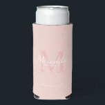 Personalised Bridesmaid's Monogram and Name Seltzer Can Cooler<br><div class="desc">Personalised Bridesmaids Gifts features personalised bridesmaid's name in white classic script font style and monogram in blush pink classic serif font style as background with title and wedding date in white classic serif font style on blush pink background. Also perfect for maid of honour, flower girl, mother of the bride...</div>