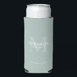 Personalised Bridesmaid's Monogram and Name Seltzer Can Cooler<br><div class="desc">Add a personal touch to your wedding with personalised bridesmaid's monogram and name gift. This design features personalised bridesmaid's name with title and wedding date in white and monogram in sage green as background, in classic serif font style, on sage green background. Also perfect for maid of honour, mother of...</div>