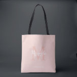 Personalised Bridesmaid's Monogram and Name Tote Bag<br><div class="desc">Personalised Bridesmaids Gifts features personalised bridesmaid's name in white classic script font style and monogram in blush pink classic serif font style as background with title and wedding date in white classic serif font style on blush pink background. Also perfect for maid of honour, flower girl, mother of the bride...</div>
