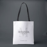 Personalised Bridesmaid's Monogram and Name Tote Bag<br><div class="desc">Add a personal touch to your wedding with personalised bridesmaid's monogram and name gift. This design features personalised bridesmaid's name with title and wedding date in grey and monogram in light grey as background, in classic serif font style, on white background. Also perfect for maid of honour, mother of the...</div>