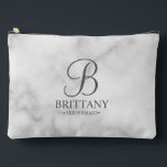 Personalised Bridesmaid's Name and Monogram Accessory Pouch<br><div class="desc">Elegant Black and White Personalised Bridesmaid Gifts
featuring personalised monogram in grey elegant script font style with bridesmaid's name and title in classic serif font style on white marble background.

Also perfect for maid of honour,  flower girl,  mother of the bride and more.</div>