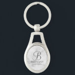 Personalised Bridesmaid's Name and Monogram Key Ring<br><div class="desc">Elegant Personalised Bridesmaid Gifts featuring personalised monogram in grey elegant script font style with bridesmaid's name and title in classic serif font style on white marble background. Also perfect for groomsmen, best man, father of the bride, maid of honour, flower girl, mother of the bride and more. Please note: The...</div>