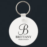 Personalised Bridesmaid's Name and Monogram Key Ring<br><div class="desc">Elegant Personalised Bridesmaid Gifts
featuring personalised monogram in black elegant script font style with bridesmaid's name and title in classic serif font style on white background.

Also perfect for groomsmen,  best man,  father of the bride,  maid of honour,  flower girl,  mother of the bride and more.</div>