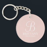 Personalised Bridesmaid's Name and Monogram Key Ring<br><div class="desc">Elegant Personalised Bridesmaid Gifts
featuring personalised monogram in white elegant script font style with bridesmaid's name and title in classic serif font style on blush pink background.

Also perfect for maid of honour,  flower girl,  mother of the bride and more.</div>