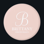 Personalised Bridesmaid's Name and Monogram Magnet<br><div class="desc">Elegant Black and White Personalised Bridesmaid Gifts
featuring personalised monogram in white elegant script font style with bridesmaid's name and title in classic serif font style on blush pink background.

Also perfect for maid of honour,  flower girl,  mother of the bride and more.</div>