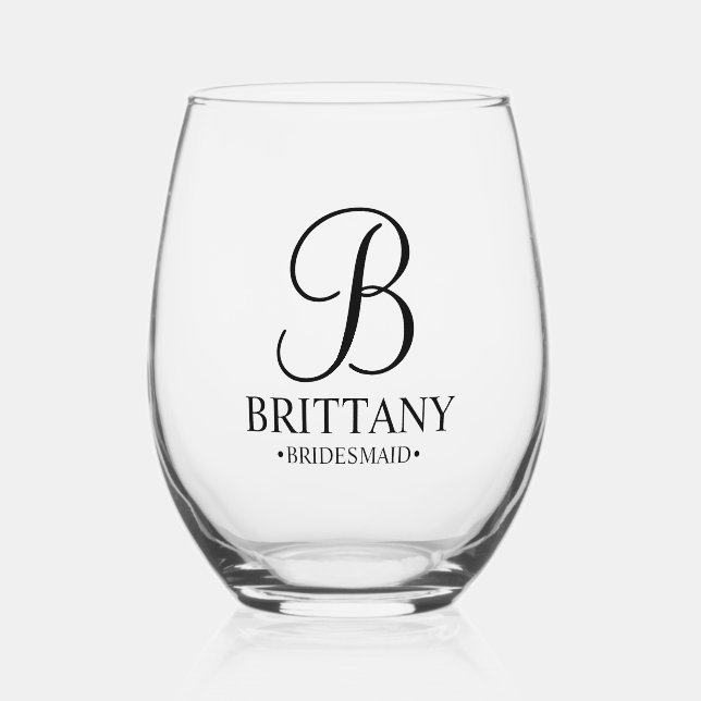 Personalised Bridesmaid's Name and Monogram Stemless Wine Glass (Front)
