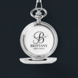 Personalised Bridesmaid's Name and Monogram Watch<br><div class="desc">Elegant Personalised Bridesmaid Gifts
featuring personalised monogram in black elegant script font style with bridesmaid's name and title in classic serif font style on white background.

Also perfect for groomsmen,  best man,  father of the bride,  maid of honour,  flower girl,  mother of the bride and more.</div>