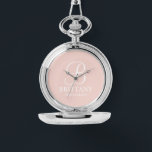 Personalised Bridesmaid's Name and Monogram Watch<br><div class="desc">Elegant Personalised Bridesmaid Gifts
featuring personalised monogram in white elegant script font style with bridesmaid's name and title in classic serif font style on blush pink background.

Also perfect for maid of honour,  mother of the bride and more.</div>