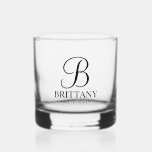 Personalised Bridesmaid's Name and Monogram Whiskey Glass<br><div class="desc">Elegant Personalised Bridesmaid Gifts
featuring personalised monogram in black elegant script font style with bridesmaid's name and title in classic serif font style.

Also perfect for groomsmen,  best man,  father of the bride,  maid of honour,  flower girl,  mother of the bride and more.</div>
