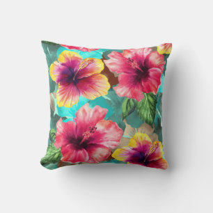 personalised bright and colourful hibiscus floral cushion
