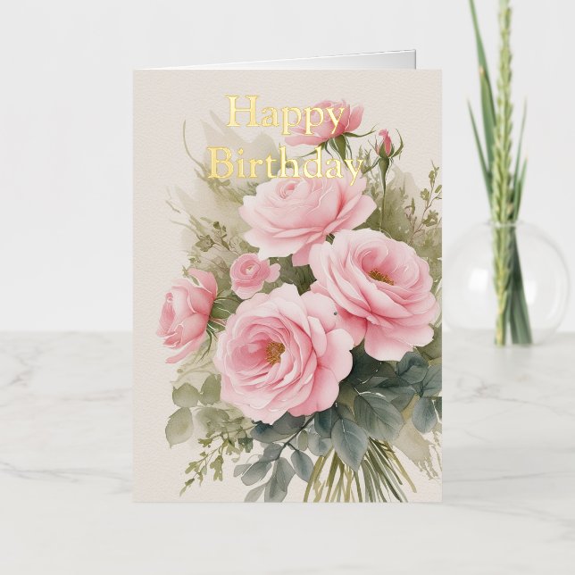 Personalised Bright Coloured Pink Roses Birthday Foil Greeting Card (Front)
