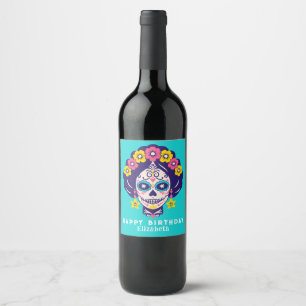 Personalised Bright Floral Sugar Skull Birthday Wine Label