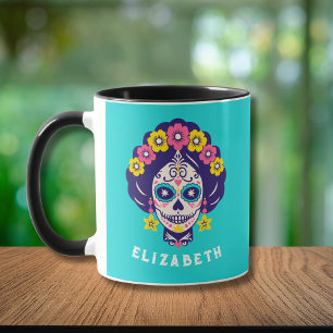 Personalised Bright Floral Sugar Skull Girl   Mug