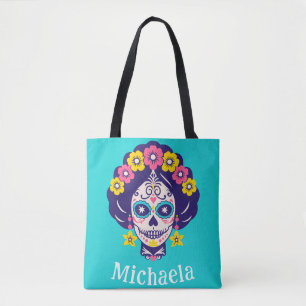Personalised Bright Floral Sugar Skull Girl   Tote Bag