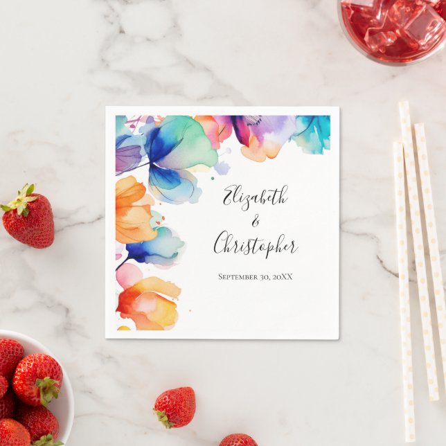 Personalised Bright Floral Watercolor Wedding  Napkin (Insitu)