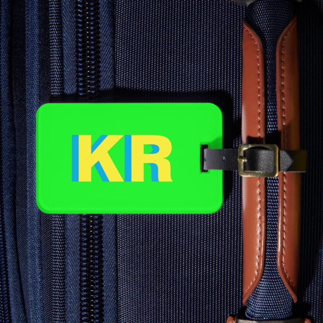 Personalised Bright Green Block Letter Monogram Luggage Tag (Front Insitu 4)