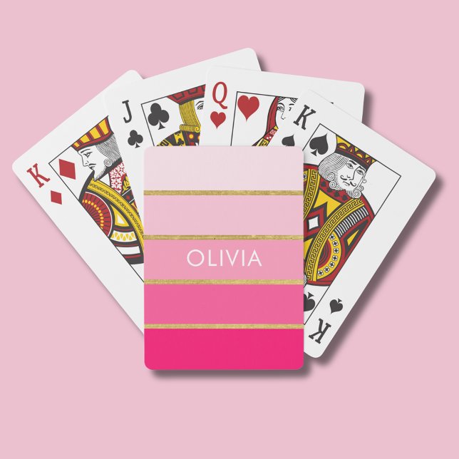 Personalised Bright Hot Pink & Gold Name Playing Cards (Pink and gold stripe personalized playing cards)