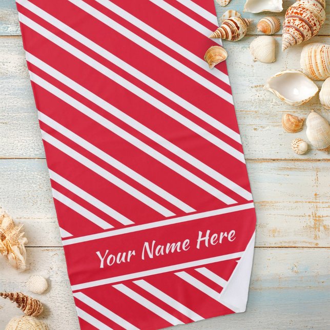 Personalised Bright Red and White Stripes Beach Towel (Creator Uploaded)