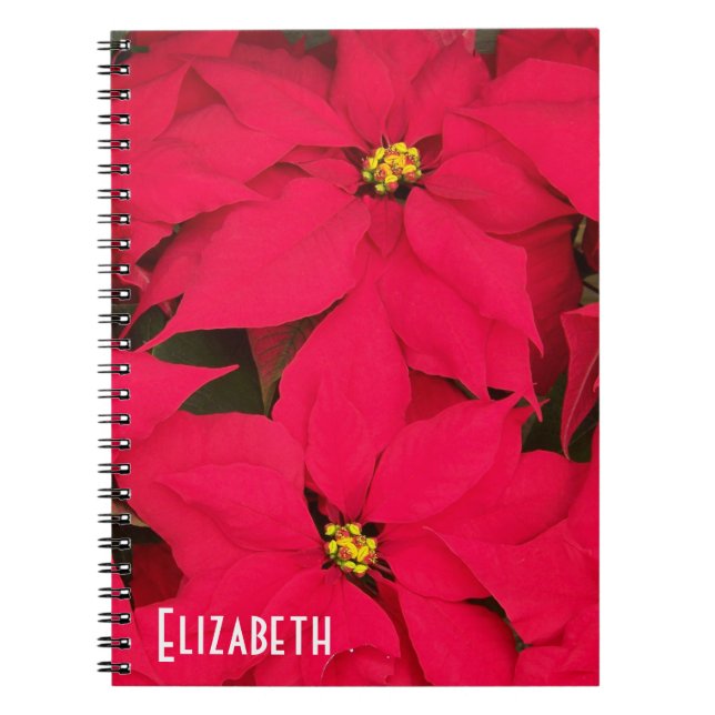 Personalised Bright Red Christmas Poinsettias Spiral Notebook (Front)