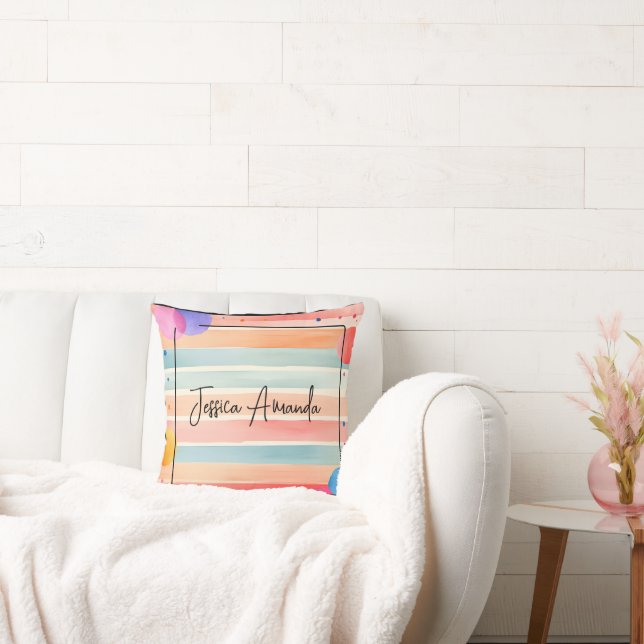 Personalised Bright Watercolor Colourful Stripe Cushion (Couch)