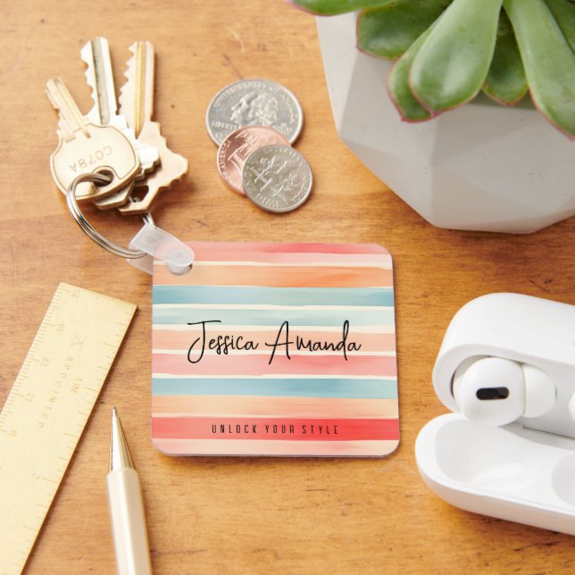 Personalised Bright Watercolor Colourful Stripe Key Ring (Desk)