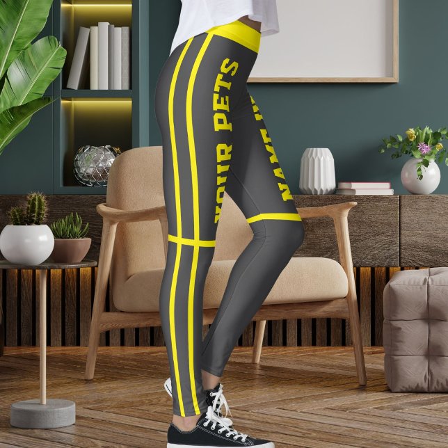 Personalised Bright Yellow Grey Stripes Pet Names Leggings (Creator Uploaded)