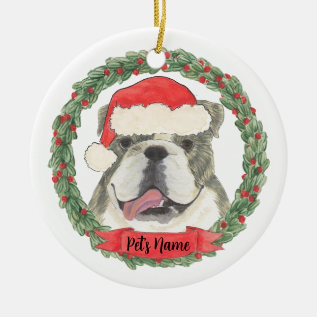 Personalised Brindle English Bulldog Ceramic Tree Decoration (Front)