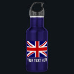 Personalised British Union Jack flag water bottles<br><div class="desc">Personalised British Union Jack flag stainless steel water bottles. Custom shiny metal water bottle in many colours. Great for sports teams and outdoor activities. ie basketball, baseball, football, tennis, soccer, volleyball, hiking, walking, camping, running, track and field etc. Personalise with your own name, jersey number, initials or slogan in big...</div>