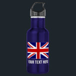 Personalised British Union Jack flag water bottles<br><div class="desc">Personalised British Union Jack flag stainless steel water bottles. Custom shiny metal water bottle in many colours. Great for sports teams and outdoor activities. ie basketball, baseball, football, tennis, soccer, volleyball, hiking, walking, camping, running, track and field etc. Personalise with your own name, jersey number, initials or slogan in big...</div>