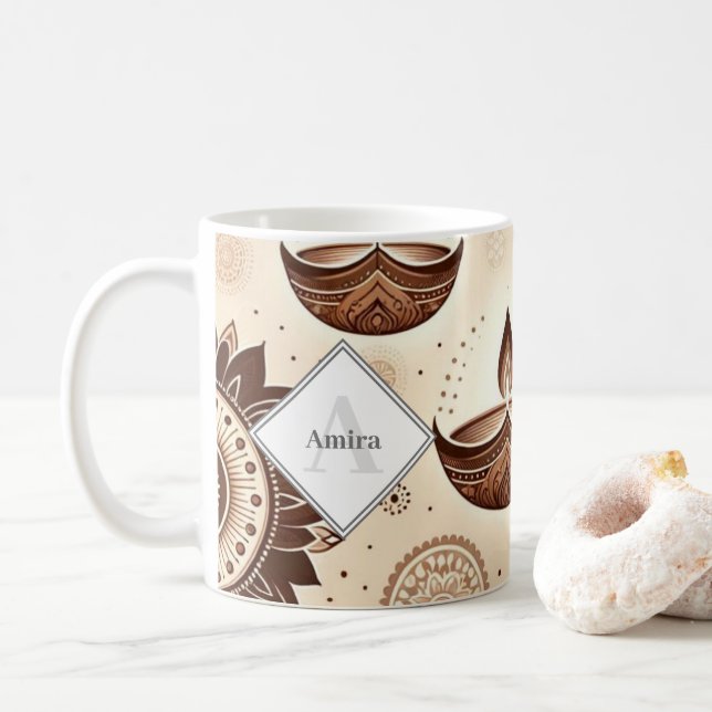 Personalised Bronze & Gold Diwali Diyas & Rangoli Coffee Mug (With Donut)