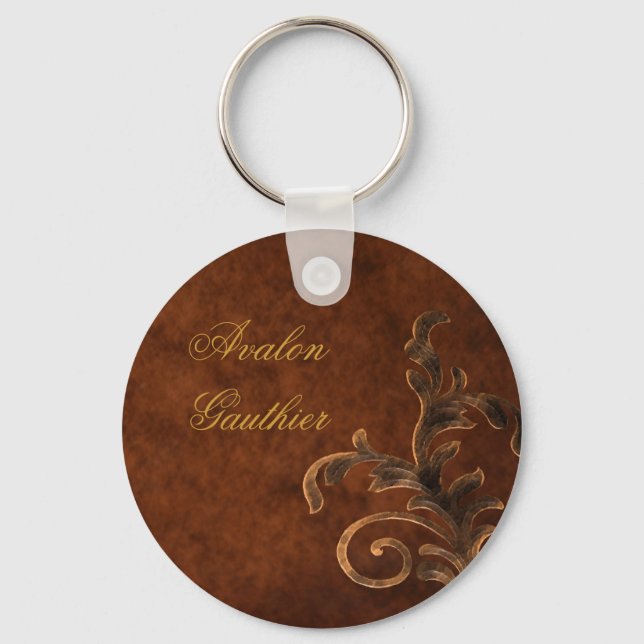 Personalised Bronze Scroll Leaf Keychain (Front)