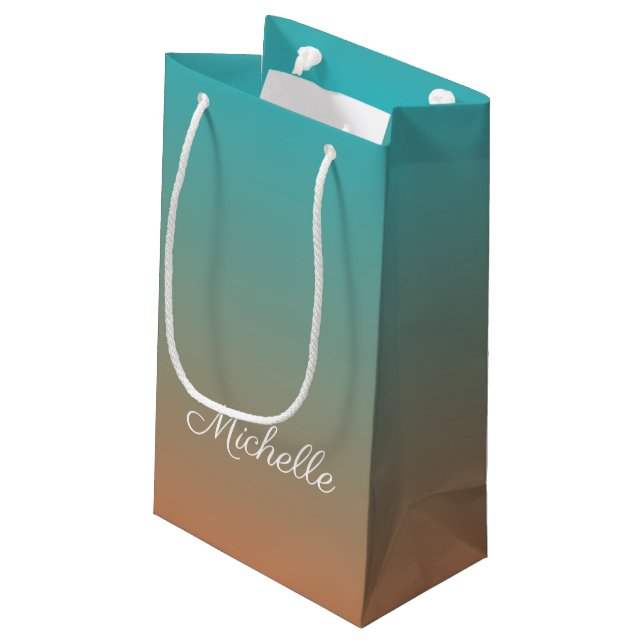 Personalised brown and blue ombre small gift bag (Back Angled)