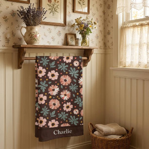 Personalised Brown and Pink Floral Bath Towel